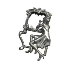 Retro Brooch AJC Signed Deco Style Flapper Lady in Mirror Vintage SilverTone Pin - £14.20 GBP