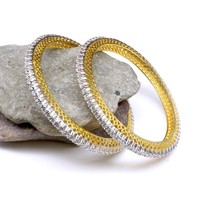 Queens two tone Fashion CZ Bracelet Bangle - Pair - £23.06 GBP