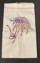 Vintage Embroidered Hand Towel - Umbrella with Flowers - White / Purple ... - $12.11