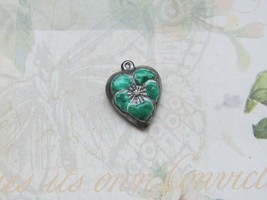 Vintage Sterling silver enameled puffy heart charm-GRASS GREEN pansy - £22.80 GBP