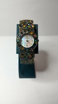Chico&#39;s Round Face Wristwatch - Colorful Rhinestones, Brass Tone Cuff Band - £10.19 GBP