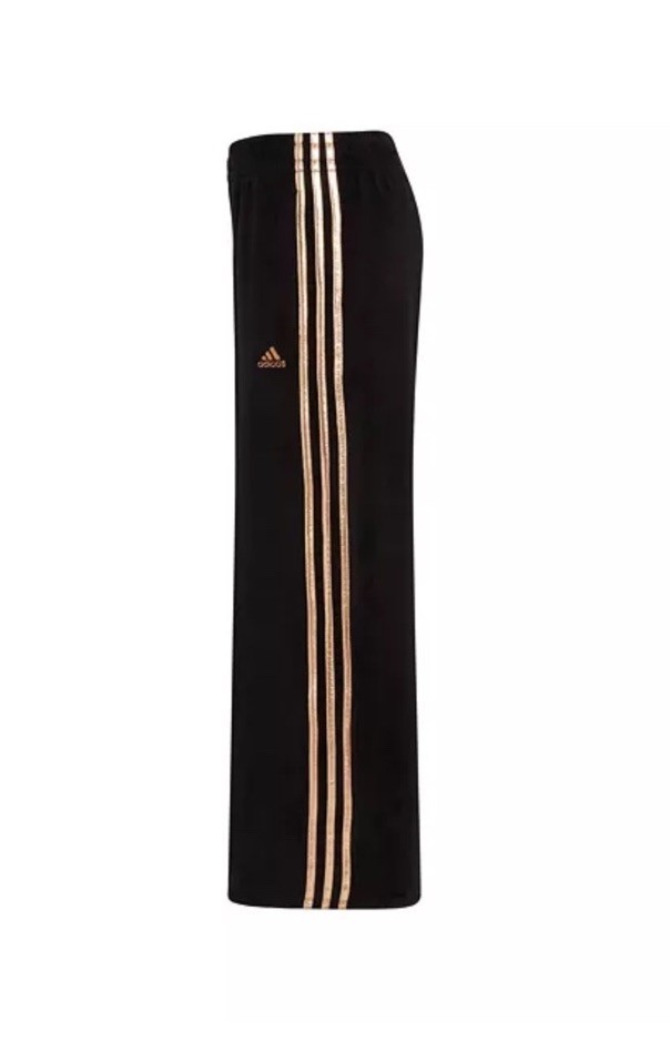 Adidas Pants 3-Stripe Wide Leg Velour Black Gold Stripes Regular Girls M... - $29.99