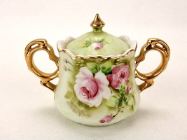 Lefton Victorian Sugar Bowl w/Lid, #3056, Hand Painted Cabbage Rose Pattern - £18.26 GBP