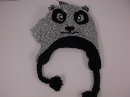 Womens Knit Winter Hat Cap MITTEN/GLOVES Set Panda Ear Flaps Animal Grey 1 Sz - £8.75 GBP