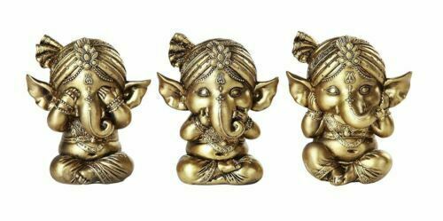 Set Of 3 See Hear Speak No Evil Golden Hindu Elephant God Lord Ganesha S... - $26.99