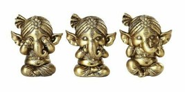 Set Of 3 See Hear Speak No Evil Golden Hindu Elephant God Lord Ganesha Statue - £21.10 GBP