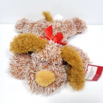 Christmas Puppy Dog Stuffed Plush Brown White Red Bow Tie 10" Long  - $18.80