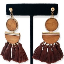 Bohemian Tassel Dangle Earrings Fringed Earth Tones Neutrals Wood Gold Tone - $16.82