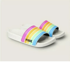 Victoria’s Secret Pink Slides White Rainbow Single Strap Slides Ombre Small 5/6 - £20.33 GBP