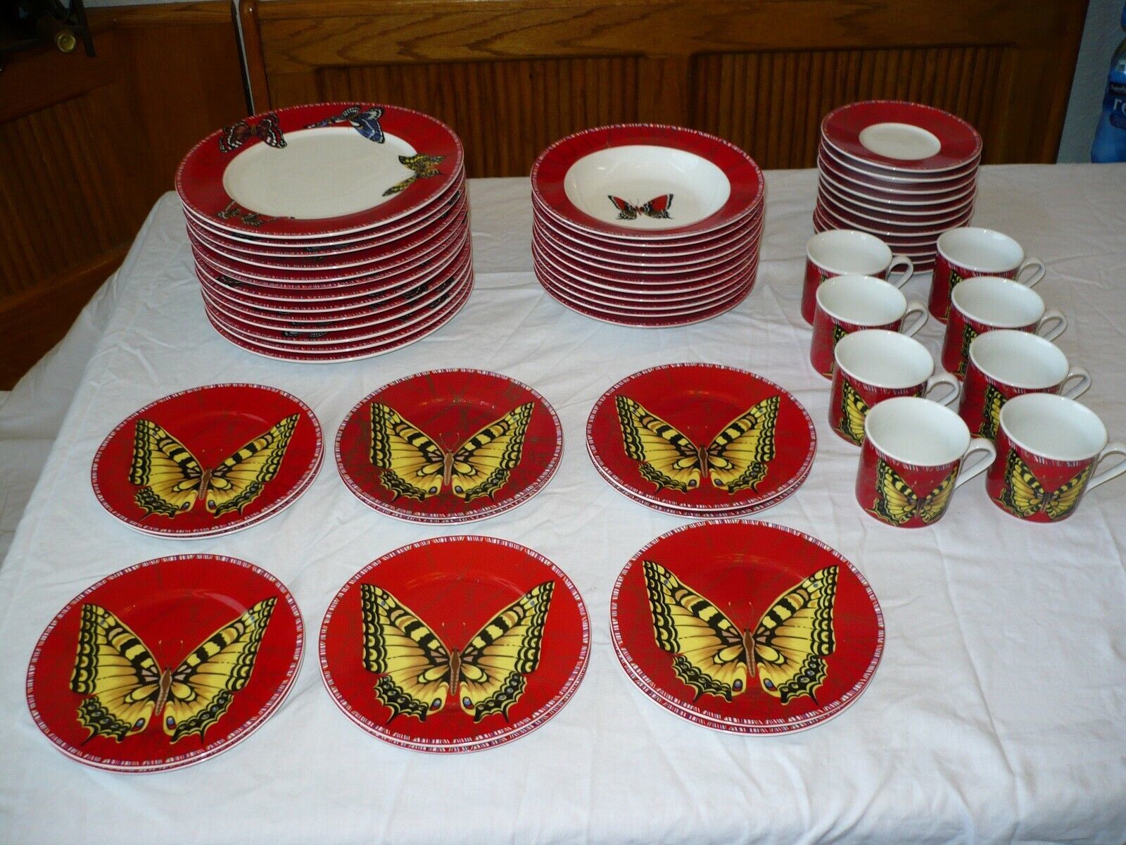 Primary image for Lynn's Fine China Maesto Red Butterfly Dish Set 55 Pieces Excellent Condition