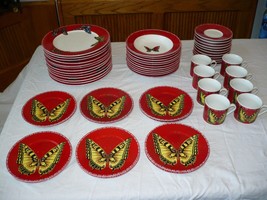 Lynn&#39;s Fine China Maesto Red Butterfly Dish Set 55 Pieces Excellent Cond... - £184.56 GBP