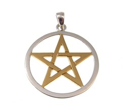 Solid 925 Sterling Silver &amp; Gold Vermeil Pentacle Star Pentagram Pagan Pendant - £64.83 GBP