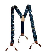 Vintage 80s Golf Silk Suspenders Navy Blue Brown Vegan Leather Brass Buc... - $19.24
