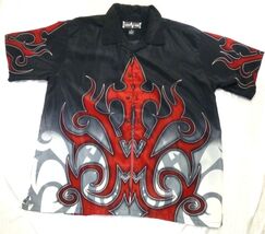 Steve &amp; Barrys Club Shirt Red Tribal Flames Black Button-Up Short Sleeve... - $14.68