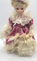 Victorian Porcelain Doll Vintage Blond Hair Blue Eyes Rose Pink Dress Ruffles - £27.90 GBP