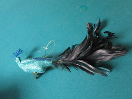 Bird Christmas ornament, turquoise glittering body real blue feathers, 1... - £27.69 GBP