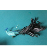 Bird Christmas ornament, turquoise glittering body real blue feathers, 1... - $40.60 CAD