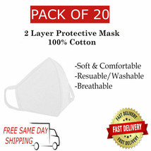 20 Pack / PCS of 100% Cotton Reusable Washable Adult WHITE Face Mask Whole Sale - £15.94 GBP