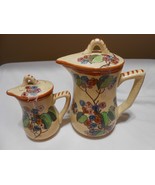 vtg Lot 2 Japanese Majolica style Pitchers with lids 6 &amp; 8 inch hand pai... - $34.64