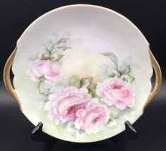 VTG Hand Painted Floral Pink Roses Handled Plate w/ Gold Handles 13&quot; Signed - $18.69