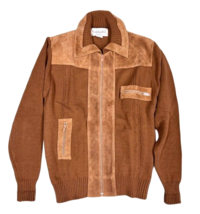 VTG Mens S Valdanti  Brown Acrylic Knit / Suede Accent  Cardigan Korea S... - $88.21