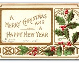 Merry Christmas Happy New Year Holly Embossed UNP DB Postcard U11 - $3.56