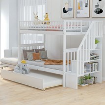 Twin over Twin Bunk Bed with Trundle and Storage, White - £479.65 GBP