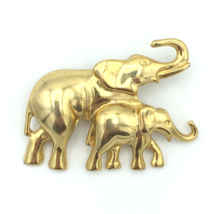 ELEPHANT PAIR vintage pin -shiny gold-tone trunk-up good luck mother baby brooch - £10.22 GBP