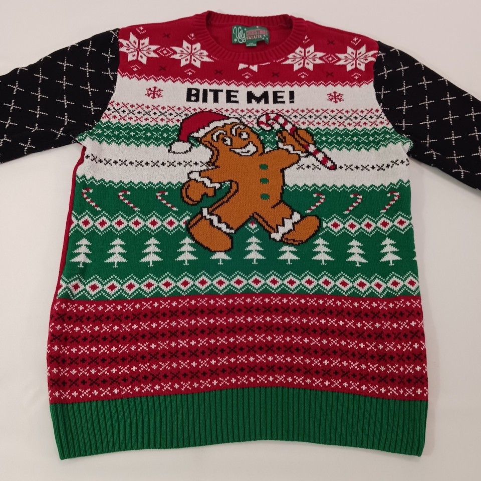 Ugly Christmas Sweater Men's Size Large Bite Me Gingerbread Man Red Pullover Item image 9