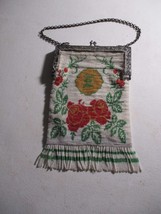 Antique early 1900s floral roses flower micro beaded Purse bag chain and... - $69.29