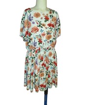 Large Bady Doll  Dress Crew Neck Wwhite Floral Ruffle Short Viscose Rayon - $16.27