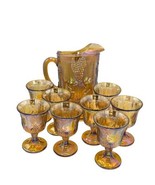 Indiana Glass Marigold Carnival Pedestal Pitcher Harvest Grape &amp; 8 Goble... - £145.39 GBP