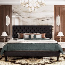 Full Black Faux Leather Upholstered Platform Bed with Button-Tufted Headboard - $6,903.53 MXN