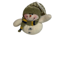 5&quot; White Fleece Round Smiling Snowman Ornament Scarf and Green White Hat - £7.40 GBP