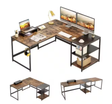Bestier Industrial Customizable L Shaped Corner or Long Office Study Desk, Brown - £106.31 GBP