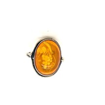 Vintage Sign Sterling Handmade Carved Amber Stone Grapevine Cabochon Ring 7 1/2 - £35.04 GBP