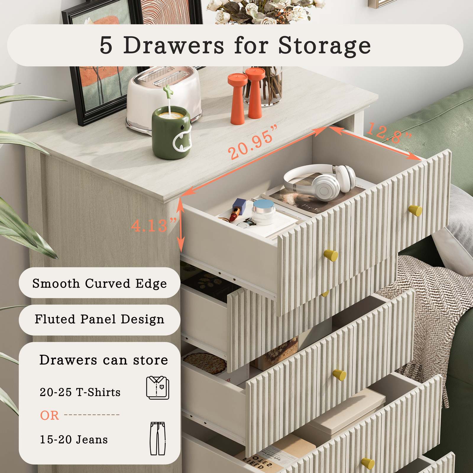 Beige Fluted 5-Drawer Dresser: Modern 45" Tall Chest of Drawers Item image 4