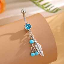 Feather Blue Crystal Turquoise Dangle Surgical Steel CZ Navel Belly Butt... - $13.98