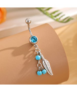 Feather Blue Crystal Turquoise Dangle Surgical Steel CZ Navel Belly Butt... - $13.98