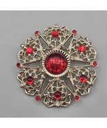 Vtg Sarah Coventry Brooch Pin Serenade Gold Tone Starburst Red Glass Cab... - $33.90 CAD