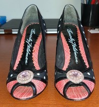Beverly Feldman Women&#39;s Shoes Sz.7 Spike Peep Toe Heels Black White Polk... - $11.00
