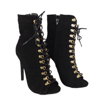 WILD DIVA Black Faux Suede Gold Lace Up 4.5&quot; Stiletto Heel Peep Toe Boot... - £27.84 GBP