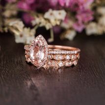 Morganite Marquise Wedding Ring Set 14K Rose Gold Finish Unique Art Deco - £73.51 GBP
