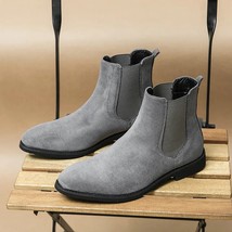 New Gray Chelsea Boots Flock Slip-On Round Toe Business Men Short Boots Size 38- - £61.22 GBP