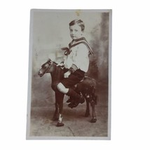 RPPC Real Photo Postcard Little Boy In Sailor Suit On Hobby Horse Toy En... - £18.47 GBP