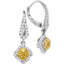 14k White Gold Round Yellow Diamond Diagonal Square Cluster Dangle Earrings 3/4 - $1,199.00