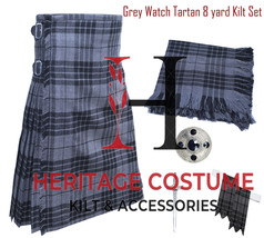 Scottish Traditional Handmade Grey Watch Tartan 8 yard Kilt For Men&#39;s  - $89.00+