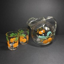 Vintage Anchor Hocking Glass Tilt Ball Juice Pitcher Oranges Leaves W Glasses - £25.17 GBP