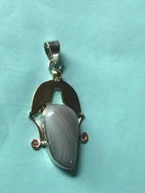 Estate 925 Marked Goldwashed Lacey Blue Agate Stone Pendant – 1 and 5/8th’s inch - £15.57 GBP