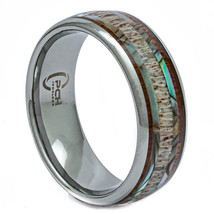 Tungsten Ring With Antler, Koa Wood, Abalone Shell Inlay, 8mm Comfort Fit Band - £63.00 GBP